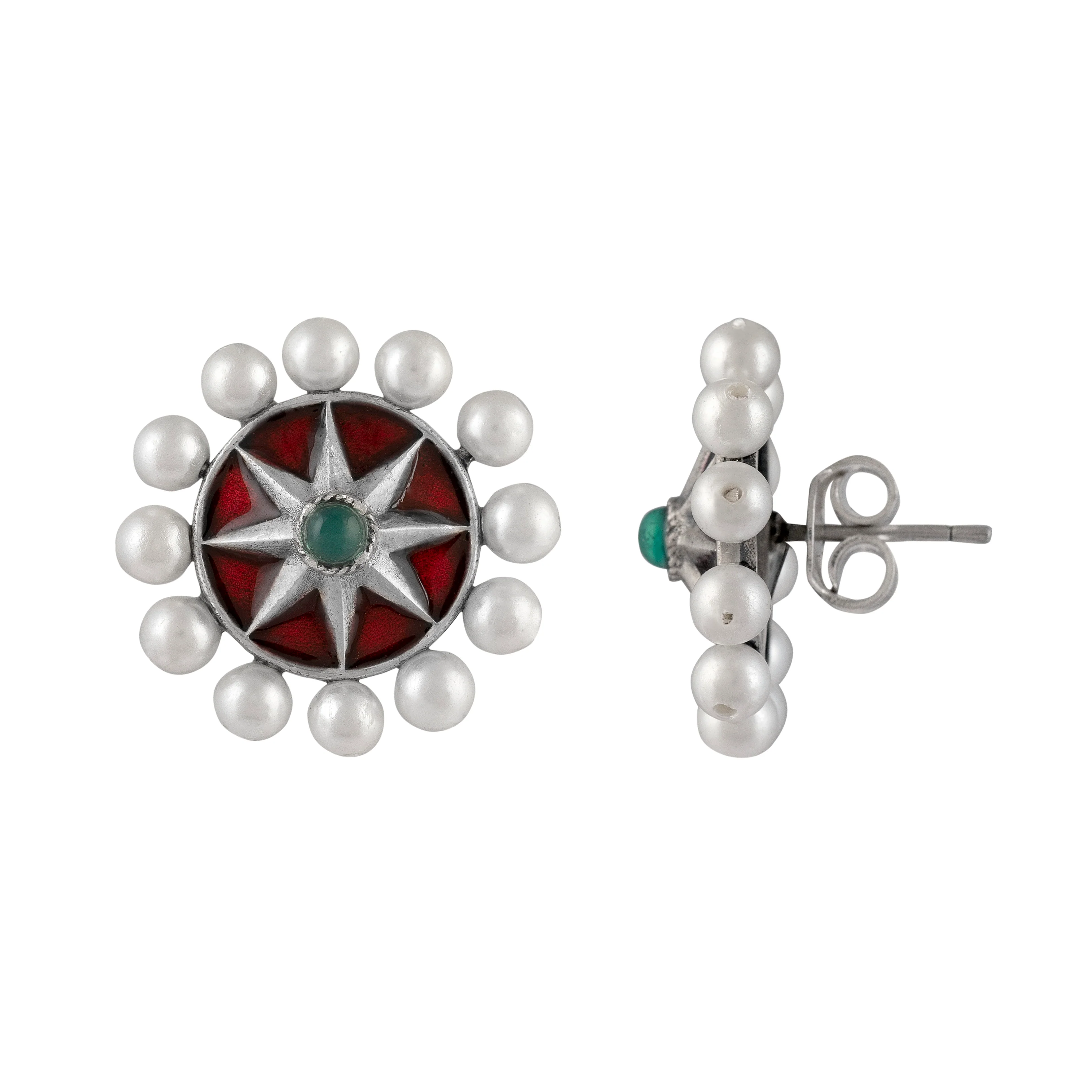 Moti Chakra Silver Stud With Green Stone Earring Tops By Moha - Image 3