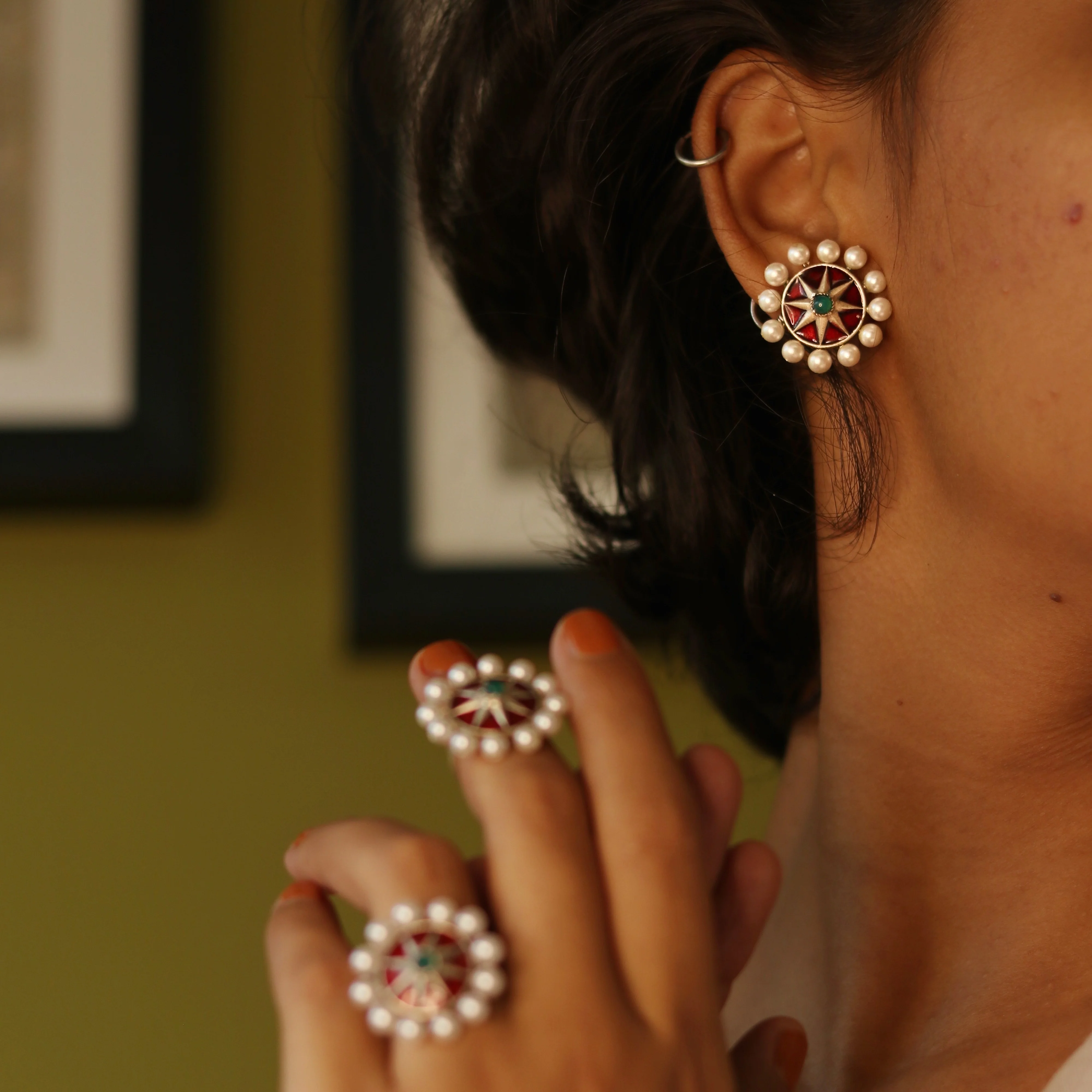 Moti Chakra Silver Stud With Green Stone Earring Tops By Moha - Image 4