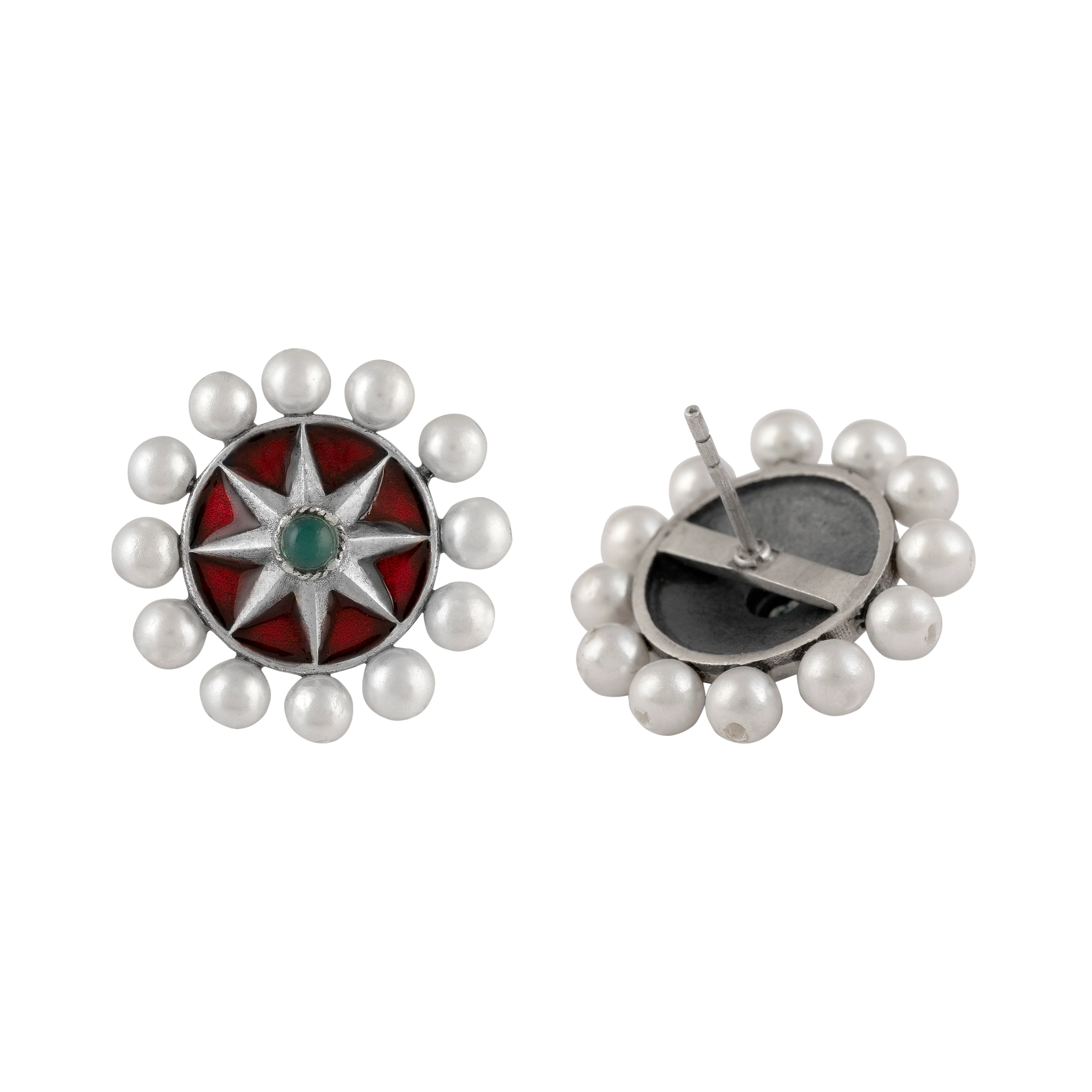 Moti Chakra Silver Stud With Green Stone Earring Tops By Moha - Image 5