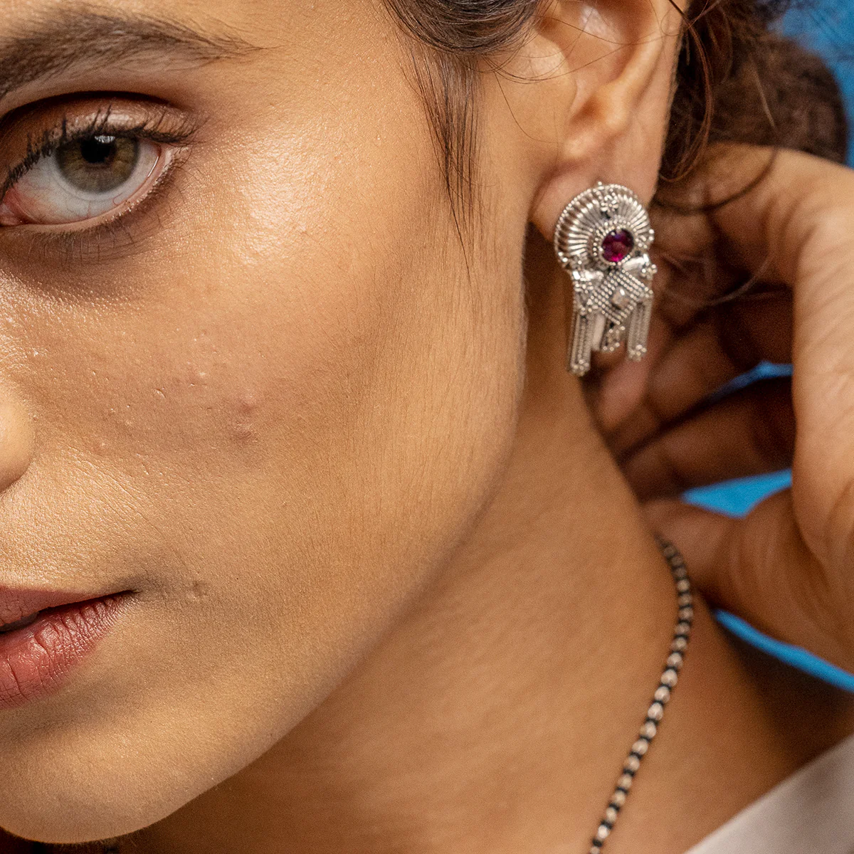 Thoppa Taali Silver Stud With Pink Rubellite stone Earrings by MOHA - Image 3